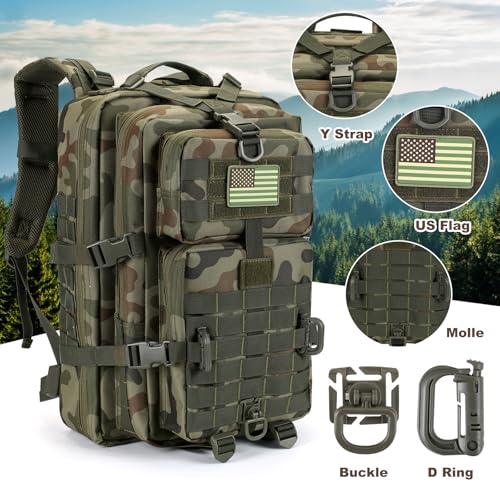 Hannibal Tactical MOLLE Assault Backpack, Tactical Backpack Military Army Camping Rucksack, 3-Day Pack Trip w/USA Flag Patch, D-Rings, Polish Camo - color: Polish Camo