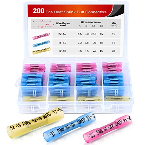 Nilight 200PCS Heat Shrink Butt Connectors – Waterproof Wire Connectors - Automotive Marine Grade Electrical Terminals – Crimp Butt Splice Terminal Kit - color: 200PCS Heat Shrink Butt Connectors