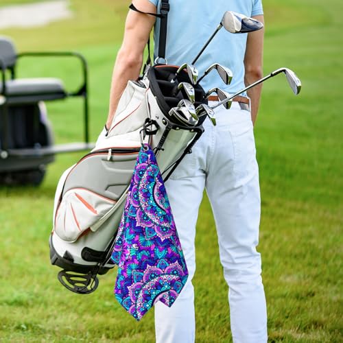Blue Mandala Boho Golf Towel for Golf Bags Carts Mandalas Flowers Golf Towels with Clip Bohemia Waffle Towels Cleaning Cloth 2 Packs for Men Golfer Accessories, Birthday Father's Day Present - color: Blue Purple