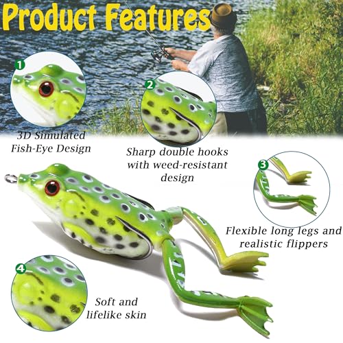 Topwater Frog Lures – 5 Pack Hollow Body Weedless Bass Bait with Heavy-Duty Hooks for Lily Pads, Heavy Cover, Pike & Snakehead – Tackle Box Included