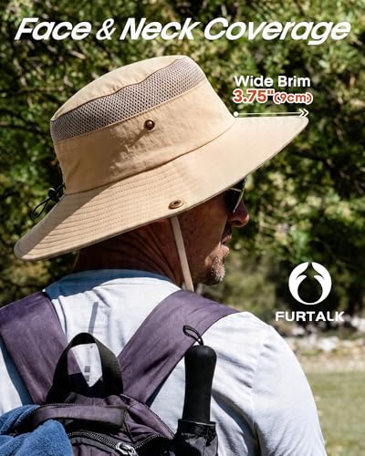 FURTALK Sun Hats for Men Women UPF Sun Protection Breathable Wide Brim | Nylon UV Protection, Breathable Adjustable, 2-in-1 Wide Brim, Packable Water-Resistant, Fishing Hiking Summer - color: Khaki