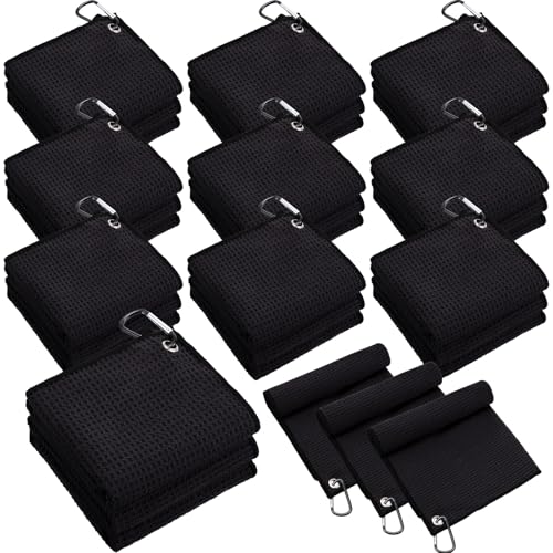 Batiyeer 30 Pcs Bulk Golf Towels for Golf Bags 16'' x 16'' Microfiber Fabric Golf Towel Waffle Pattern with Clip for Bags Men Mini Tournament Fitness Yoga Camping (Black) - color: Black