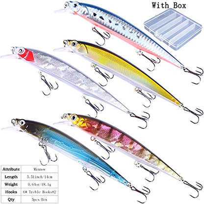 Jerk Baits for Bass Fishing, Jerkbait Fishing Lures, Minnow Lures Jerk Bait for Freshwater/Saltwater Fishing Lures for Trout Pike, 5pcs/10pcs with Box - color: I:5.51in/0.64oz/5pcs
