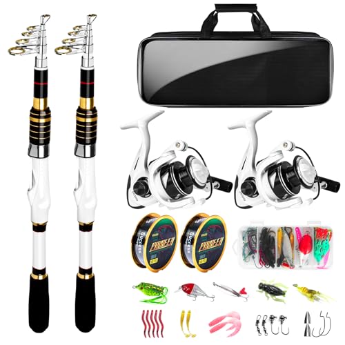 White Fishing Pole Combo, 2PCS 5.9FT Telescopic Fishing Rod and Reel Combo Spinning Reels Lures Set Fishing Line Carrier Bag for Travel Saltwater Freshwater Fishing Collapsible Fishing Kits