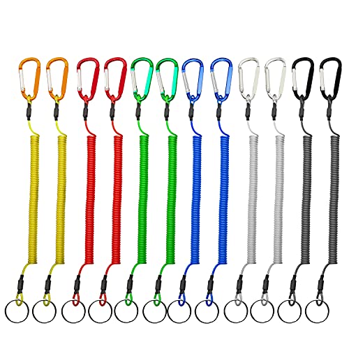 Retractable Tether Multi Colored Coiled Lanyard Fishing Lanyard Safety Rope 12pcs with Carabiner for Fishing Hunting Hiking Boating Camping Tools