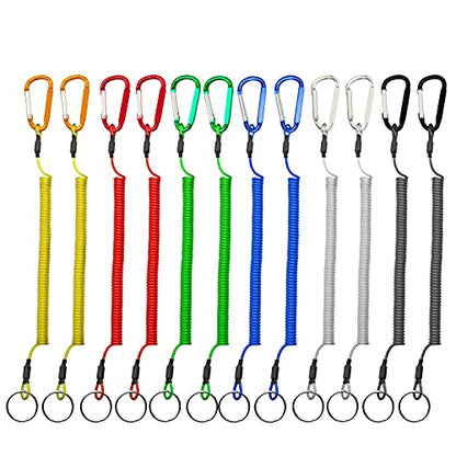 Retractable Tether Multi Colored Coiled Lanyard Fishing Lanyard Safety Rope 12pcs with Carabiner for Fishing Hunting Hiking Boating Camping Tools