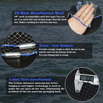 Drasry Saltwater American Fishing Cast Net 3/8inch Mesh Size for Bait Shrimp Trap Fish Heavy Duty Sinkers Throw Net 3FT/4FT/5FT/6FT/7FT/8FT/9FT/10FT Radius - color: White B, size: 3FT Radius, style: Mono -Zinc-iron-3/8" Mesh 0.66lb/Ft