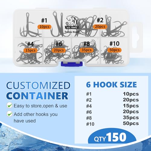UCEC Fishing Hooks Treble Hooks Kit for Saltwater Freshwater, High Carbon Steel Strong Sharp Round Bend for Catfish Trout Hard Baits Lures, Size #1#2#4#6#8#10#12#14 110/50/210 Pack with Split Rings - style: 150pcs,#1 #2 #4 #6 #8 #10