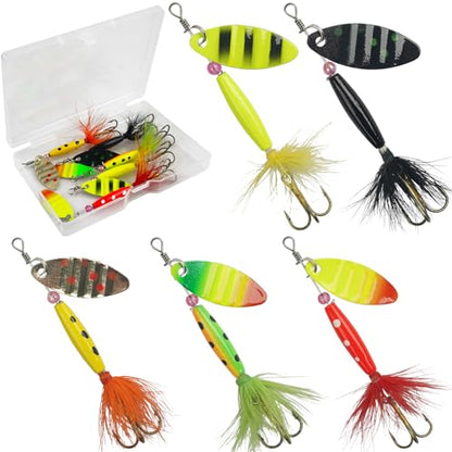 Spinner Baits Bass Lures Rooster Feather Tail Trout Lures Hard Metal Inline Spinner Bait Fishing Lure for Bass Salmon Trout - style: 5pcs Spinnerbaits Kit