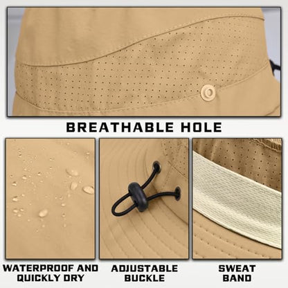 Sun Hats for Men Women, UPF50+ Protection Safari Hat,Wide Brim Fishing Hat with Neck Flap,Bucket Hats for Beach Hiking - color: Khakisleeves