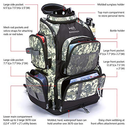 BASSDASH Fishing Tackle Backpack Water Resistant Tactical Bag Soft Tackle Box with Rod Holder and Protective Rain Cover - color: Jungle Camo Backpack [3670] Without Trays