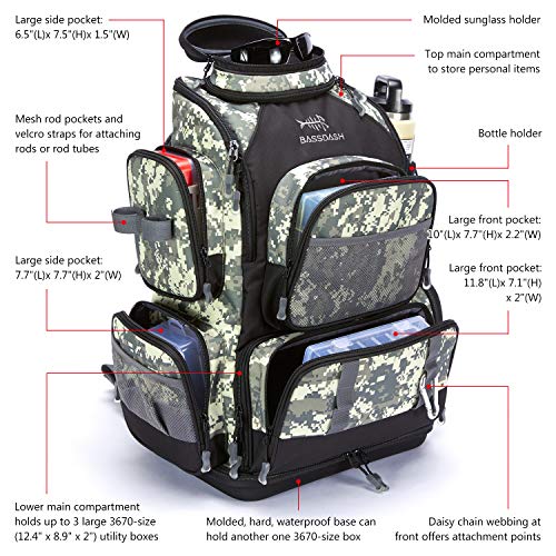 BASSDASH Fishing Tackle Backpack Water Resistant Tactical Bag Soft Tackle Box with Rod Holder and Protective Rain Cover - color: Jungle Camo Backpack [3670] With 4 Trays