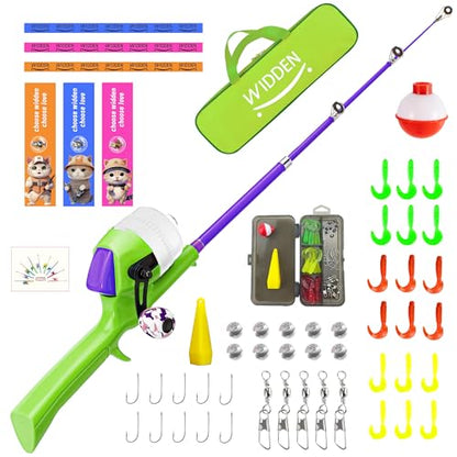 Kids Fishing Pole, Telescopic Fishing Rod, Toddler Collapsible Fishing Rod and Reel Combo with Tackle Box, Fishing Line, Bobber, and Soft Lures for Boy, Girl, Youth, Beginner, Over 4 Years Old - color: Vital Green& Starry Purple