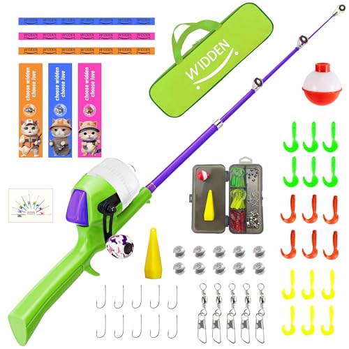 Kids Fishing Pole, Telescopic Fishing Rod, Toddler Collapsible Fishing Rod and Reel Combo with Tackle Box, Fishing Line, Bobber, and Soft Lures for Boy, Girl, Youth, Beginner, Over 4 Years Old - color: Vital Green& Starry Purple
