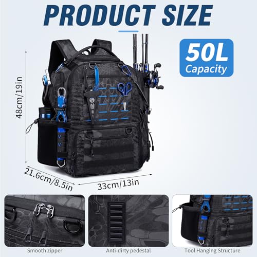 Fishing Tactical Backpack with 2 Rod Holders, Waterproof Tackle Bag with Bottle Holder,50L Extra Large Fishing Bag for Fishing Gear and Equipment, Black Camo - color: Black Camo