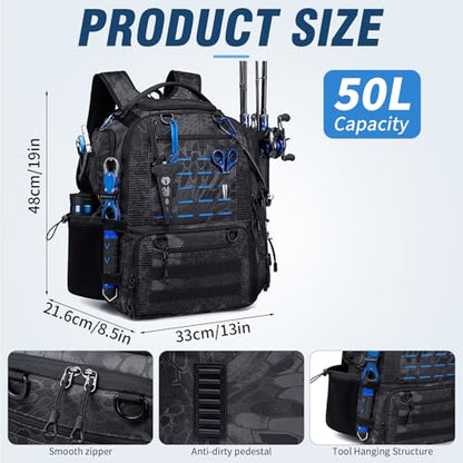 Fishing Tactical Backpack with 2 Rod Holders, Waterproof Tackle Bag with Bottle Holder,50L Extra Large Fishing Bag for Fishing Gear and Equipment, Black Camo - color: Black Camo