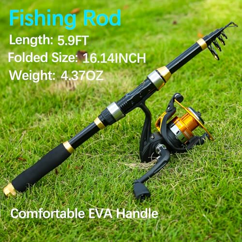 Yoilrey Fishing Rod and Reel Combo – 5.9ft Telescopic Fishing Pole Starter Kit with Spinning Reel, Fishing Line, Lure Box & Tackle Bag for Travel - color: ï¼ 2 packï¼ Black and Gold