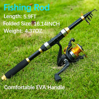 Yoilrey Fishing Rod and Reel Combo – 5.9ft Telescopic Fishing Pole Starter Kit with Spinning Reel, Fishing Line, Lure Box & Tackle Bag for Travel - color: Single Black and Gold