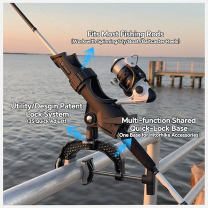Hitorhike Fishing Rod Holder with Aluminum Alloy Base and One-Click Lock System Fits Round Square Tubes 0.59"~4.53" Enlarged Clamp Range for Boat Kayak Fishing - style: Powerlock Fishing Rod Holder-4 Pack