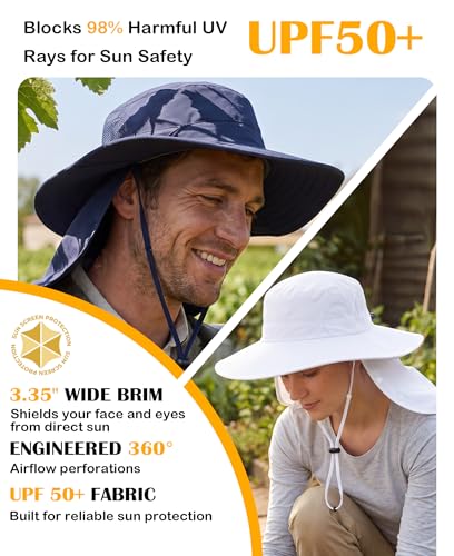 Home Prefer UPF 50+ Wide Brim Sun Hats with Neck Flap Sun Protection Hat for Men Women Gardening Fishing Summer Bucket Hat - color: Navy Blue