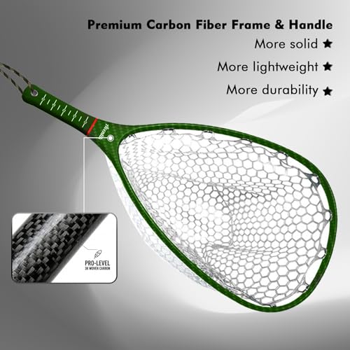 Riverruns Fly Fishing Landing Net Carbon Fiber Trout Net with Measurement Handle, Soft Rubber Mesh - 26" Standard (Wading) / 37" Long (Kayak) - color: 26" Wading Net (Standard) - Green 3K Woven
