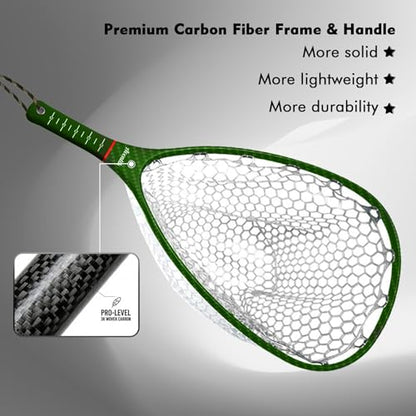 Riverruns Fly Fishing Landing Net Carbon Fiber Trout Net with Measurement Handle, Soft Rubber Mesh - 26" Standard (Wading) / 37" Long (Kayak) - color: 26" Wading Net (Standard) - Green 3K Woven