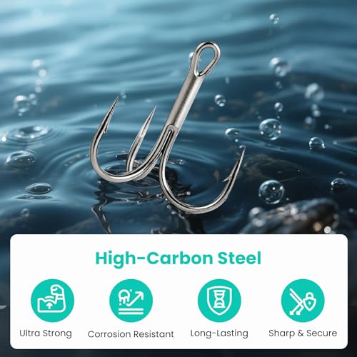 Fishing Hooks Treble Hooks Kit 50pcs Size#2#4#6#8#10 | High Carbon Steel, Strong Sharp Round Bend, For Catfish Trout, Hard Baits Lures, Saltwater Freshwater
