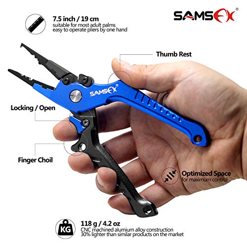 SAMSFX Aluminum Fishing Pliers Hook Remover Braid Line Cutter with Coiled Lanyard, Fly Fishing Knot Tying Tool & Retractors - color: Gray & Blue Handle-7'' Split Ring Nose