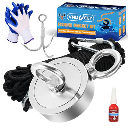 VNDUEEY 1000LBS Magnet Fishing Kit, 2.95" Double Hole Fishing Magnet Kit with Rope, Strong Magnets for Retrieving in River Lake Beach and Lawn, Includes 65Ft Rope, Carabiner, Gloves, Grappling Hook - size: 2.95" 1000LBS, style: Double Hole Kit