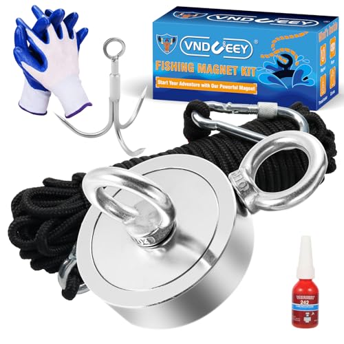 VNDUEEY 1000LBS Magnet Fishing Kit, 2.95" Double Hole Fishing Magnet Kit with Rope, Strong Magnets for Retrieving in River Lake Beach and Lawn, Includes 65Ft Rope, Carabiner, Gloves, Grappling Hook - size: 2.95" 1000LBS, style: Double Hole Kit