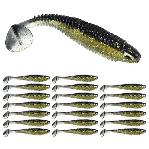 3D Eyes Paddle Ribbed Bait, 2.5in 3in 4.1in Soft Plastic Paddle Tail Swimbaits Fishing Lures for Bass Fishing Freshwater Saltwater 12/20/25 PCS - color: Black, size: 3in(8cm)-20PCS