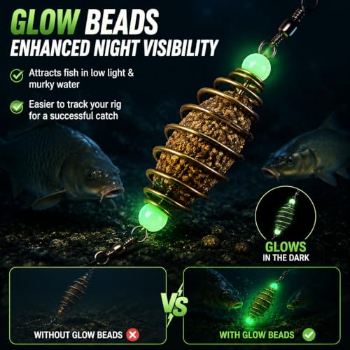 24Pcs Glowing Carp Fishing Method Feeder, Olive Shape Spring Bait Holder Cage with Luminous Beads, Inline Feeder Rig for Chicken Liver Pack Bait, Professional Fishing Accessories for Lake Rive