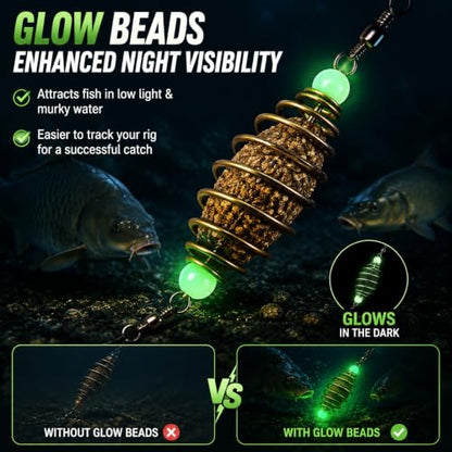 24Pcs Glowing Carp Fishing Method Feeder, Olive Shape Spring Bait Holder Cage with Luminous Beads, Inline Feeder Rig for Chicken Liver Pack Bait, Professional Fishing Accessories for Lake Rive