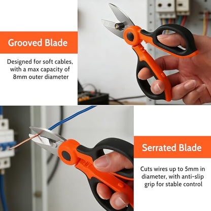 Lichamp 6.4" Orange Stainless Electrician Scissors to Cut, Strip & Crimp | Multi-Function Shears, Wire Stripper, Cutter & Crimper, Orange Handle, ABS Holster, Sharp Blades, for Electrical Work & DIY