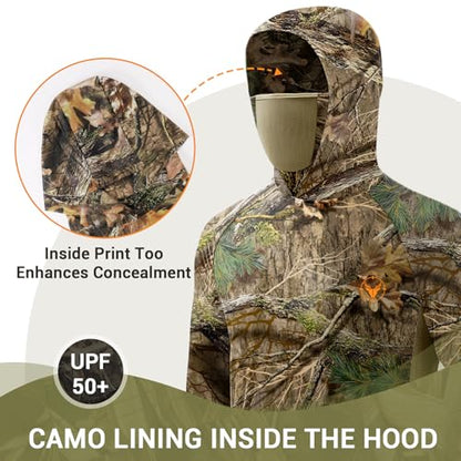 Palmyth Hunting Hoodie with Mask for Men Sun Protection Camo Fishing Shirts | UPF 50+, Mask Neck Gaiter, Quick Dry, 2 Zipper Pockets, Side Mesh Vent, Thumb Loops, Moisture Wicking, Stretchy, Breathable - color: Misty Thicket, size: XX-Large