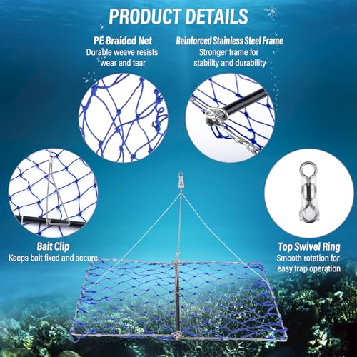 Dr.Fish Foldable Crab Trap with Gauge and Bait Clip, Castable Crab Crawfish Trap Snare Crabbing Net for Crayfish Lobster Minnow - color: 2 Crab Traps with Gauge