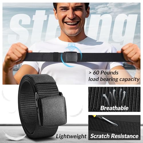 JASGOOD 2 Pack Nylon Web Belt Outdoor Military Men’s Metal Free Belt with TSA Plastic Buckle - color: C-black+black, size: Fits Pant Up To 54"