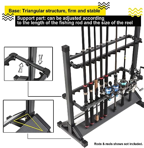 24-Rod Aluminum Fishing Rod/Pole Holder, Rustproof Fishing Rod Rack with 360° Lockable Wheels, Multi-Functional Storage Organizer for Garage & Home, Fits Most Rods & Golf Clubs (Black) - color: Black