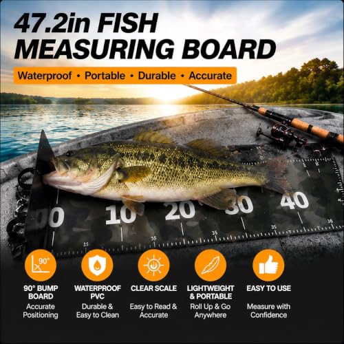 47.2in Fish Measuring Board, Waterproof PVC Ruler with 90° Bump Board | Portable fish ruler for accurate measuring. Ideal for bass, trout and pike on boats, kayaks, coolers and docks.