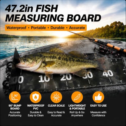 47.2in Fish Measuring Board, Waterproof PVC Ruler with 90° Bump Board | Portable fish ruler for accurate measuring. Ideal for bass, trout and pike on boats, kayaks, coolers and docks.
