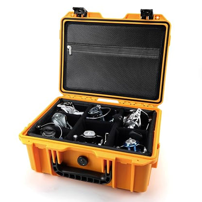 Fishing Reels Storage Case 15 Inches,Heavy Duty Waterproof Fishing Wheel Protective Hard Case, Tackle Collection Holder Box, 9pcs Adjustable Shockproof Dividers (Yellow with mesh bag) - color: Yellow with mesh bag