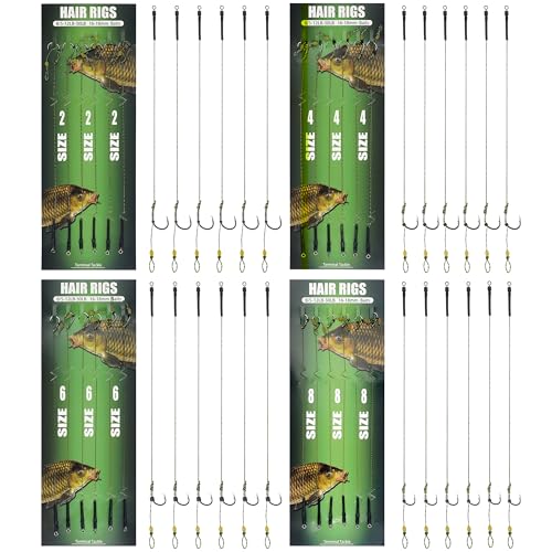 Carp Fishing Hair Rigs Kit, Carp Hook Rig Swivel Braided Thread Line with Corns Boilie Bait Stopper Stringer Needle Tool Accessories - style: 24pcs Pre-tied Carp Rigs (#2,#4,#6,#8)