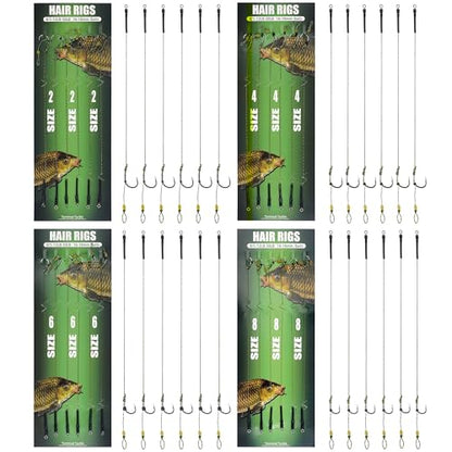 Carp Fishing Hair Rigs Kit, Carp Hook Rig Swivel Braided Thread Line with Corns Boilie Bait Stopper Stringer Needle Tool Accessories - style: 24pcs Pre-tied Carp Rigs (#2,#4,#6,#8)