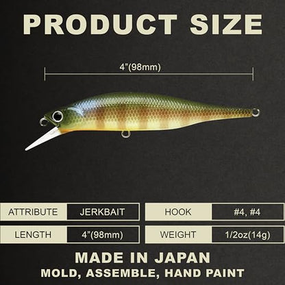 LUCKY CRAFT Lightning Pointer 98XR, Freshwater Bass Fishing Lures and Walleye Fishing Lures, 4" Slow Sinking Jerkbait, 6-7ft Depth, Largemouth Smallmouth, Tournament Fishing Gear - color: 269 BE Gill