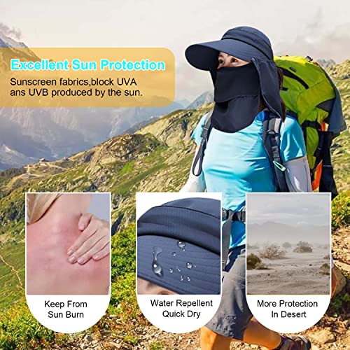 Women Wide Brim Face Mask Sun Hat Detachable Neck Face Flap Ponytail UV Protection Visor Hat Garden Fishing Hiking - color: A4-shun005-navy