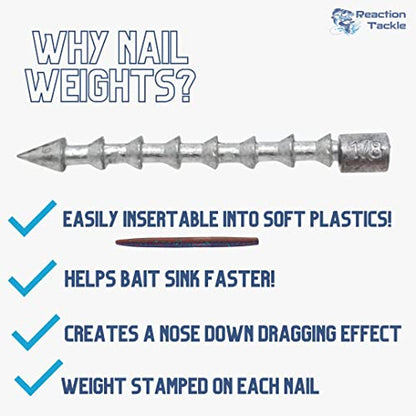 Reaction Tackle Nail Weights for Bass Fishing - Insert Pencil Sinkers for Wacky Rig, Neko Rig and Soft Plastic Lures - Freshwater and Saltwater - 25-Pack - size: 3/32 Oz (25 Piece)