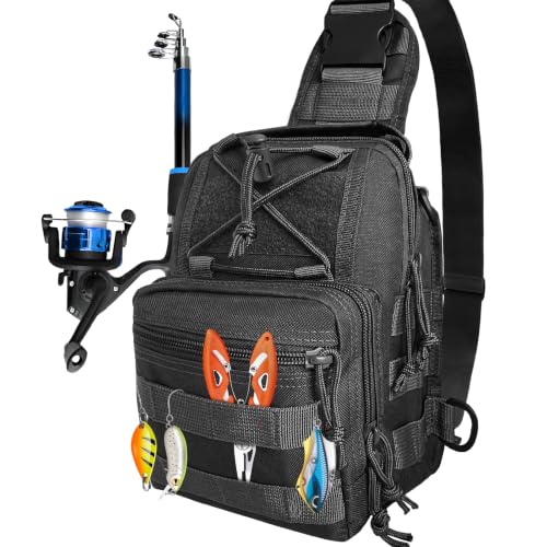 Kynzo Fishing Sling Backpack with Rod Holder, Water-Resistant Fishing Tackle Bag, Durable Shoulder Crossbody Pack for Freshwater Saltwater Fishing (A-Black) - color: A-Black