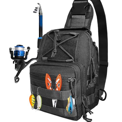 Kynzo Fishing Sling Backpack with Rod Holder, Water-Resistant Fishing Tackle Bag, Durable Shoulder Crossbody Pack for Freshwater Saltwater Fishing (A-Black) - color: A-Black