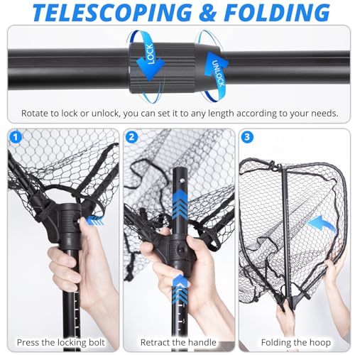 Long Collapsible Landing Net, Large Fishing Net with Telescoping Handle, Foldable, Extendable, Lightweight & Strong, Fish Net with Fish-Friendly Mesh for a Safe Release