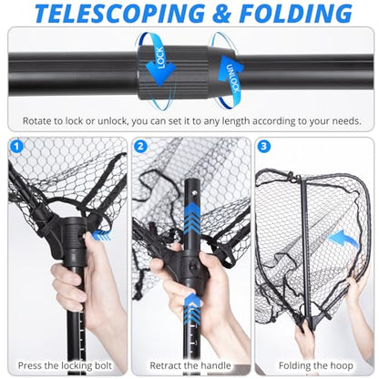 Long Collapsible Landing Net, Large Fishing Net with Telescoping Handle, Foldable, Extendable, Lightweight & Strong, Fish Net with Fish-Friendly Mesh for a Safe Release